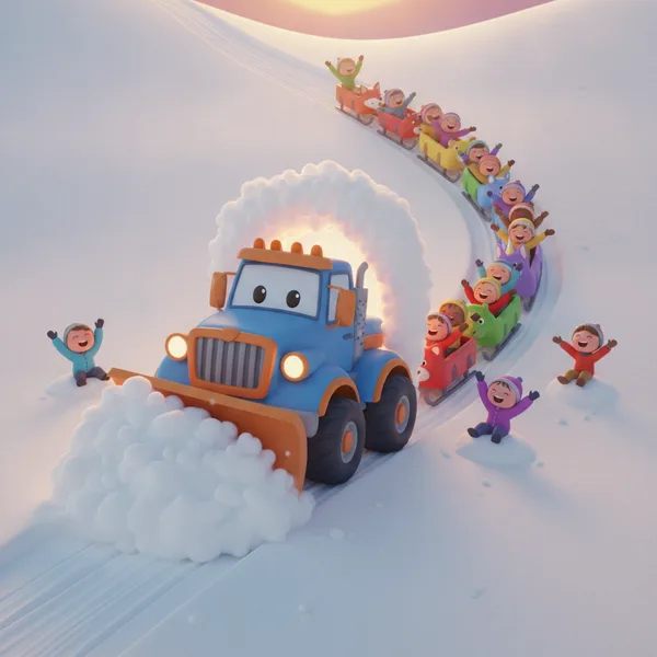 Tractor de Nieve Alegre Limpiando un Camino Nevado — Gratis para Imprimir