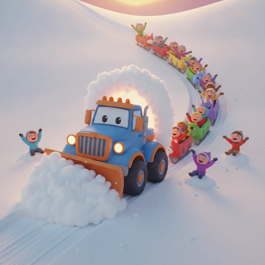 This coloring page features a cheerful blue snowplow and playful children on sleds. The large areas of snow are easy to color, while the details in the sunset provide a fun challenge.