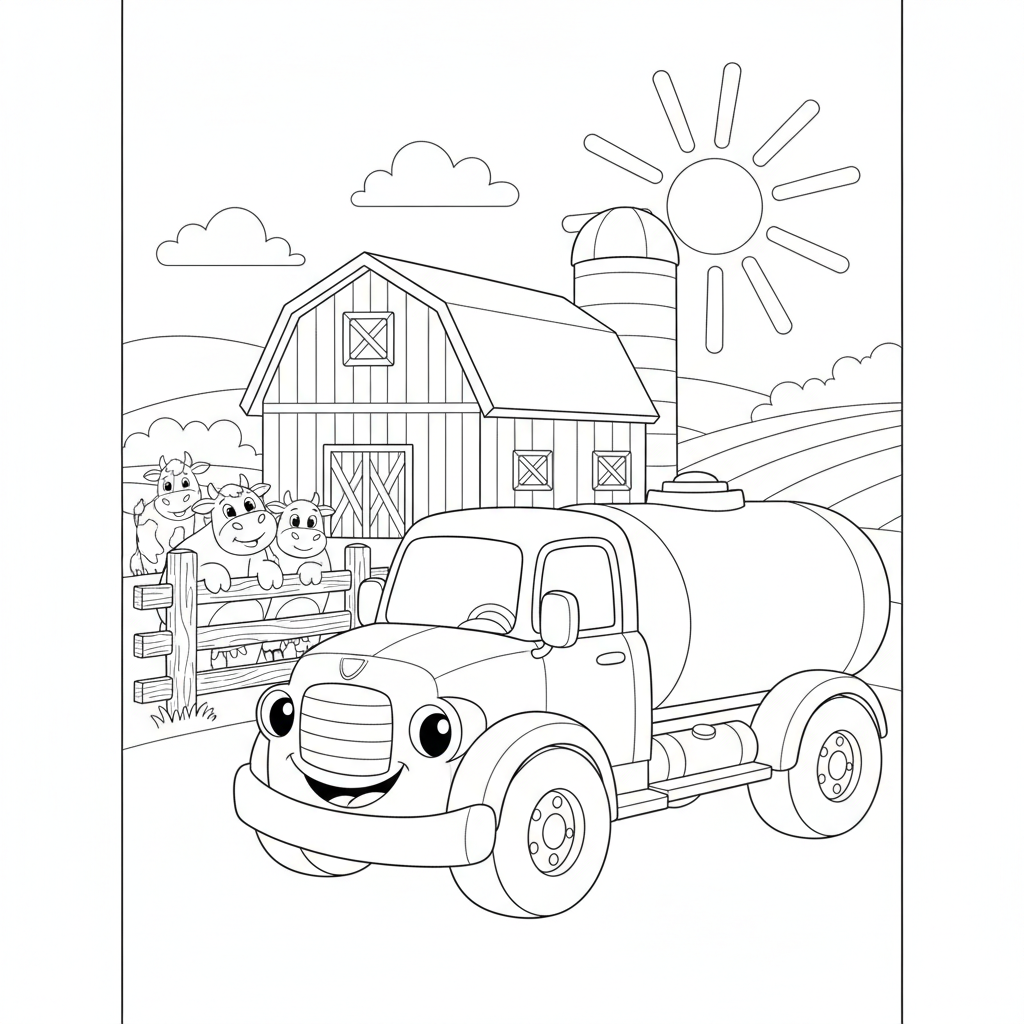 Fröhlicher Milch-Lkw auf einem Bauernhof — Ausmalbild Kostenlos Ausdrucken